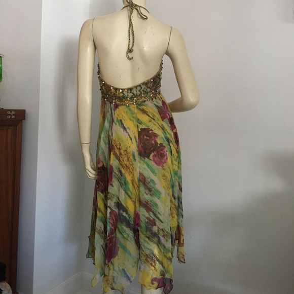 Sue Wong multicolored beaded silk halter dress with handkerchief hemline - Picture 5 of 8